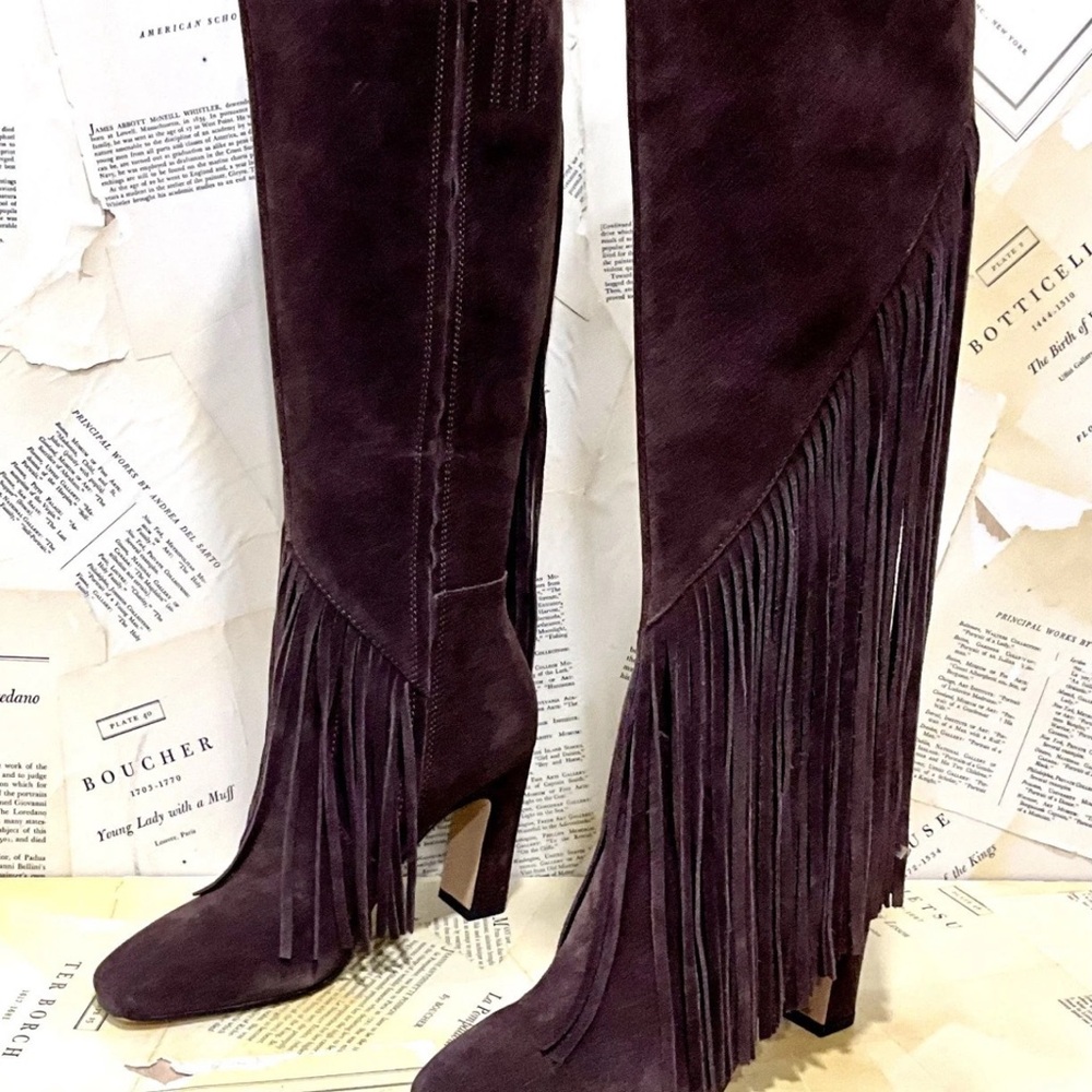 Anthropologie Dolce Vita Giano Suede Fringe Tall Boots Mahogany Brown - Picture 8 of 8
